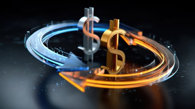 3D golden and silver dollar signs surrounded by glowing circular arrows symbolizing currency exchange or financial transactions.