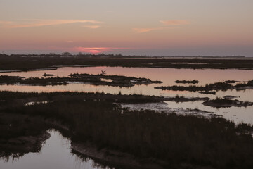 Naklejka premium View of salt marshes in the Venetian lagoon, Italy, wild landscape with tidal waterways at sunset