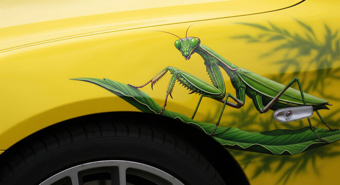 Green praying mantis airbrush art on yellow car fender above wheel sitting on green leaf