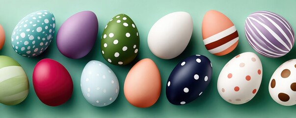 Fototapeta premium Colorful decorated Easter eggs with dots and stripes on a soft green background