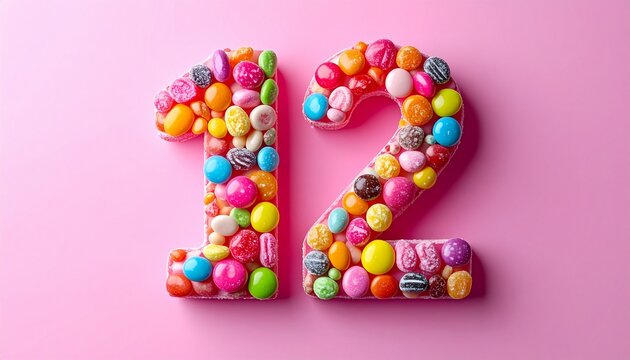 Number 12 made of candy, sweet colors, fun illustration