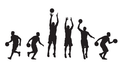 Basketball players silhouette vector set with dribbling, jumping, and ball possession poses on white background © Harry 