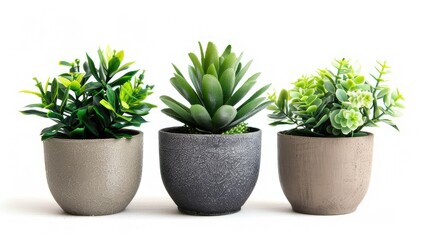 Fototapeta premium Botanical charm: Set of lifelike artificial plants in flower pots, perfect for adding greenery to any space. Isolated on white