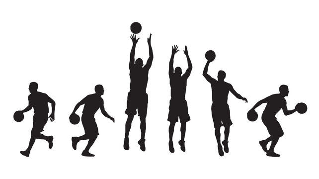Basketball players silhouette vector set with dribbling, jumping, and ball possession poses on white background
