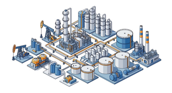 Industrial oil and gas refinery complex with processing units, storage tanks, and pumpjacks, illustrating energy production and extraction infrastructure