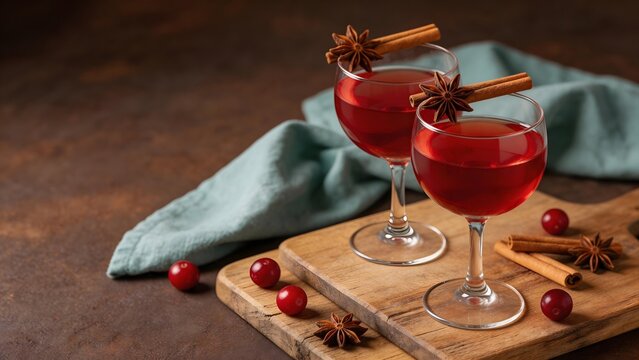 Two red cocktails with cinnamon and star anise