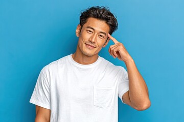 Fototapeta premium Casual portrait of a confident young man smiling and thinking against a blue background