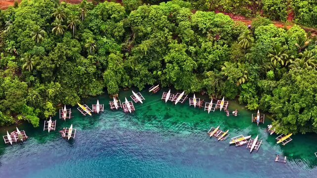 Mooring Outrigger Boats At Sohoton Cove Jellyfish Sanctuary On Bucas Grande Island In The Philippines. Aerial Shot