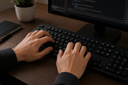 Hands typing code on computer keyboard
