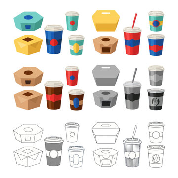 Colorful fast food packaging collection, take away cups and boxes, flat design