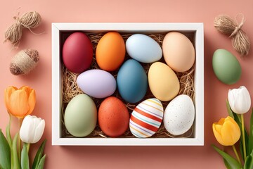 Fototapeta premium Colorful Easter eggs arranged in a white frame with spring tulips and pastel decor