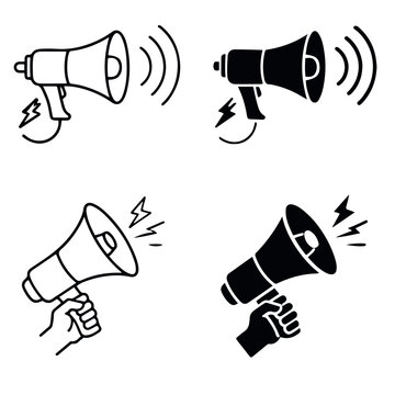 Professional black and white megaphone icon set featuring hand held and standalone bullhorn designs for broadcasting energetic promotional announcements on a white background
