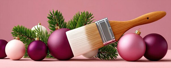 Fototapeta premium Christmas ornaments and evergreen branches with paintbrush for holiday decorating and DIY concept