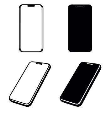  A professional set of black and white smartphone icons featuring flat front and tilted perspective designs in outline and solid styles for mobile application interface development on a clean backgrou