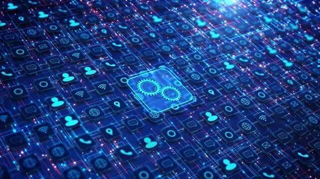 Human Hand click on System Settings Gear Icon Connected Complex Digital Network Grid. Visualization of technical maintenance. A glowing cogwheel symbol integrating technology circuit board structure.