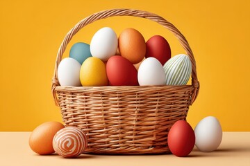 Fototapeta premium Easter basket with colorful painted eggs arranged on a table against a yellow background