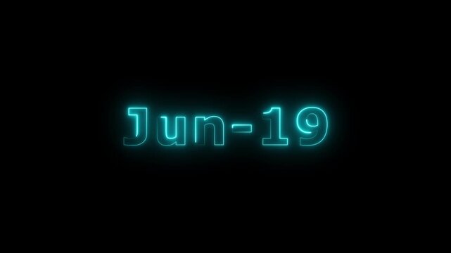 Glowing cyan color neon text June month's 19 date calendar icon concept 4k animation, on dark background.