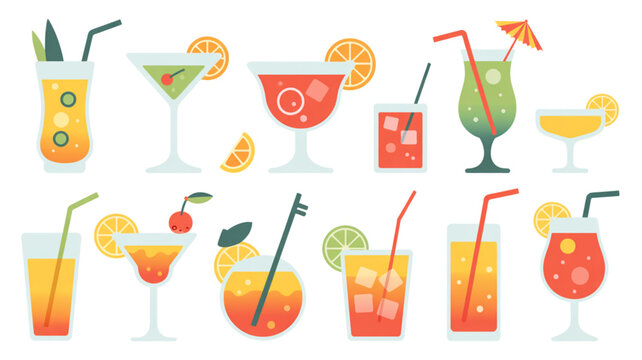 Colorful set of tropical drink illustrations with different fruit juices and cocktails Vector