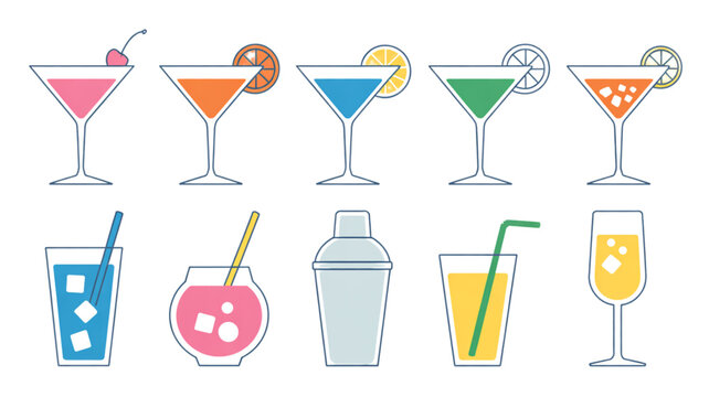 Colorful cartoon drinks and cocktails set with fun characters and icons Vector