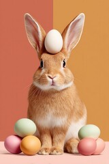 Fototapeta premium Cute brown rabbit with pastel Easter eggs balanced on head in colorful spring portrait