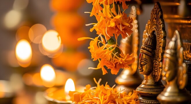 Lord Vitthal and Rukmini Brass Idols with Marigold Flowers and Lamps for Kartiki Ekadashi Festival