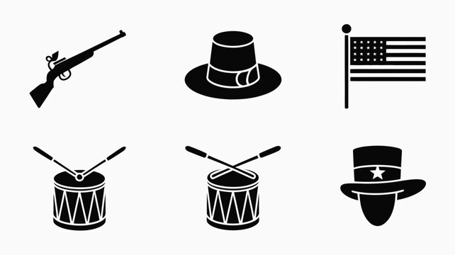 Patriotic american symbols and objects for independence day patriots day or memorial day including a musket top hats drums and american flag representing freedom and history