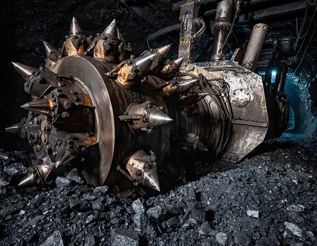 Powerful Mining Machine in Dark Coal Mine Working Environment.
