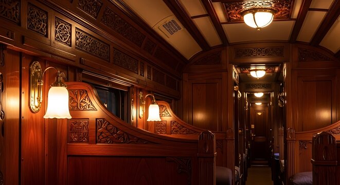 Vintage Wooden Train Interior With Ornate Paneling