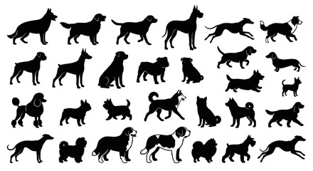 Set Black and white vector of various species of dogs silhouette © Pun