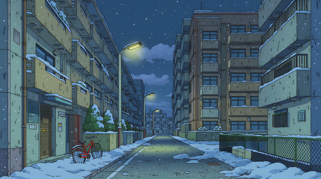 Serene Winter Night in an Urban Landscape: A Captivating View of Snow-Covered Streets and Cozy Apartments Illuminated by Streetlights