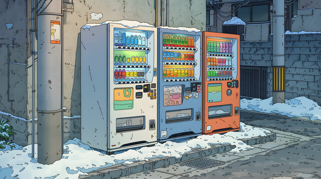 Charming Winter Scene with Colorful Vending Machines Offering Refreshing Beverages and Snacks in a Quiet Urban Street
