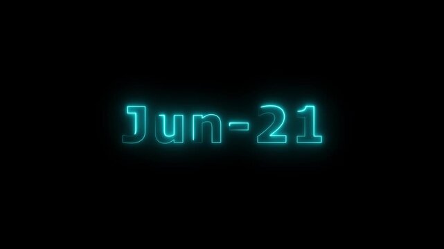 Glowing cyan color neon text June month's 21 date calendar icon concept 4k animation, on dark background.