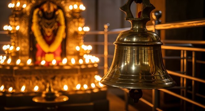 Brass temple bell hanging in front of glowing oil lamps during worship