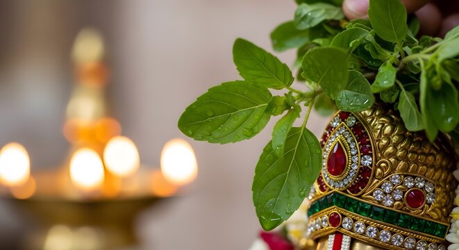 Ornate Golden Crown of Lord Vitthal with Tulsi Leaves and Glowing Lamp