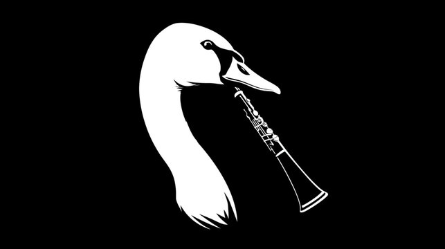 A white silhouette of a swan playing an oboe against a black backdrop