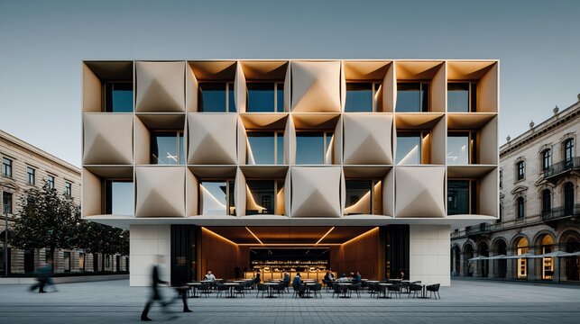 B&acirc;timent moderne avec fa&ccedil;ade g&eacute;om&eacute;trique et restaurant au rez-de-chauss&eacute;e