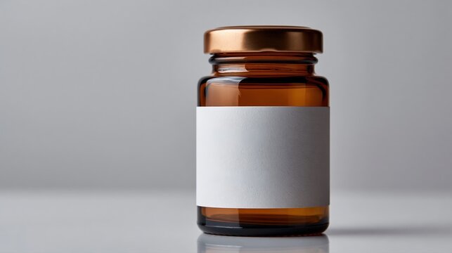 Pot en verre ambr&eacute; avec &eacute;tiquette blanche et couvercle dor&eacute; sur fond gris