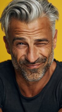 Portrait d'un homme m&ucirc;r souriant avec cheveux gris et barbe poivr&eacute;e