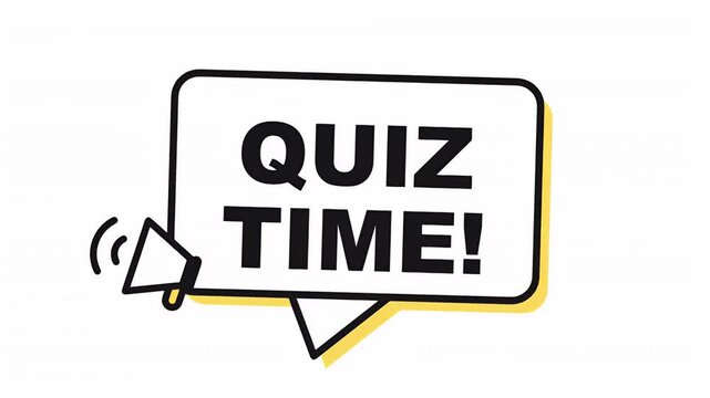 Hand drawn doodle style speech bubble with quiz time text and a megaphone icon for educational games and trivia.