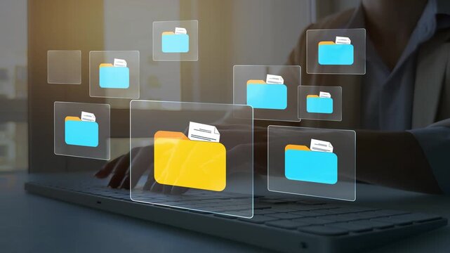 Document management and digital archive system with structured file organization.Business technology concept focused on data security, fast access and efficient information processing.