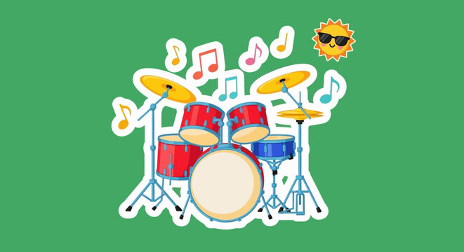 Colorful drum set with cymbals and musical notes on green background.
