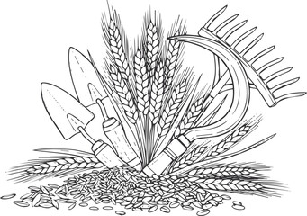 Fototapeta premium Garden tools, wheat stalks, and grain harvest