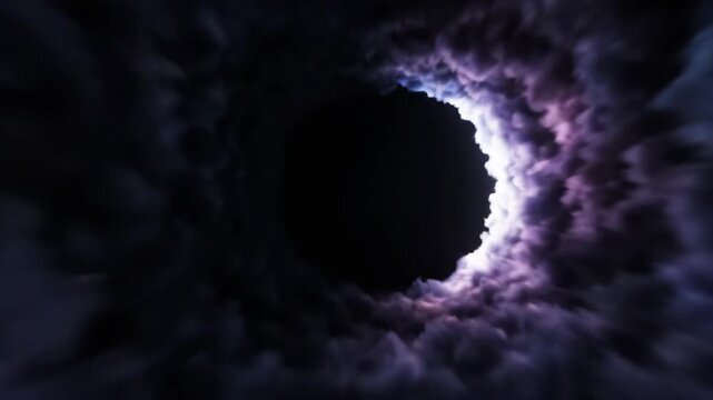 Abstract vortex tunnel with colorful clouds and a black hole.