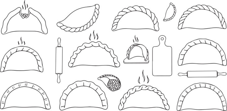 Hand-drawn set of empanadas, dumplings, and kitchen utensils