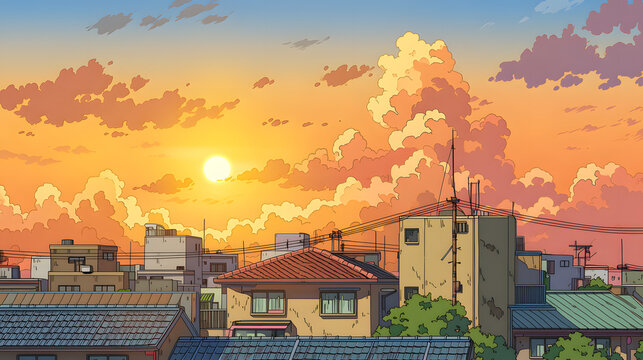 A Beautiful Sunset Over Urban Architecture: Capturing the Charm of City Life in Vibrant Colors and Serene Atmosphere, Perfect for Illustrating the Beauty of Dusk in Metropolitan Areas.