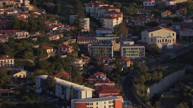 Aerial Sunset View of Madeira Residential Neighborhood with Modern Apa