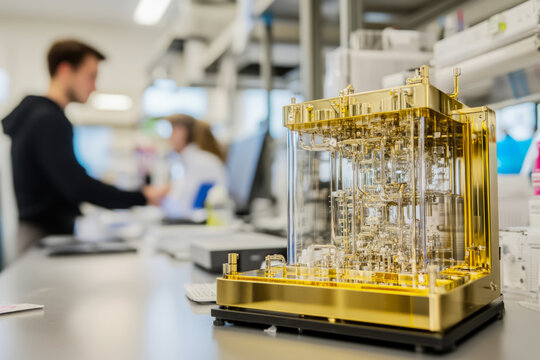 Quantum Computer Prototype with Scientists Collaborating in Sunlit Lab