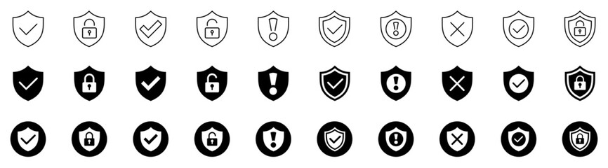 Security shield icon set. Security icons. Shield check mark. Protection icon. Padlock logotypes. Editable stroke. Vector illustration. © vectorsanta