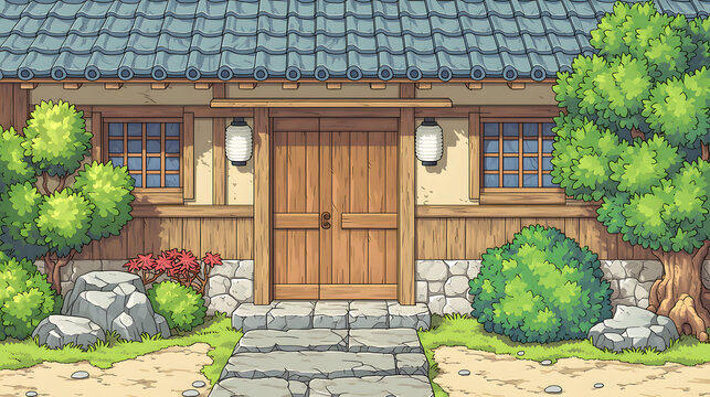 Explore the Serenity of Traditional Japanese Architecture with This Charming House Surrounded by Lush Greenery and Stone Pathways in a Picturesque Rural Setting