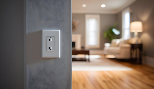 Electrical Outlet on Gray Wall with Blurred Living Room Background.